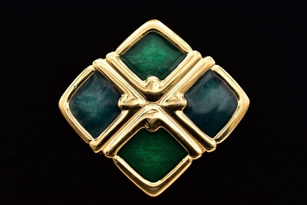 Monet Vintage Green Enamel Gold Geometric Brooch Pin Statement Signed 80s BinBP